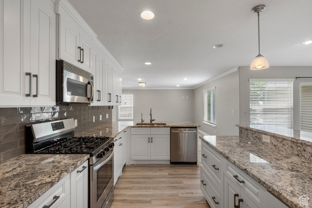 Kitchen featuring stainless steel appliances, a sink, healthy amount of natural light, light wood finished floors, and ornamental molding