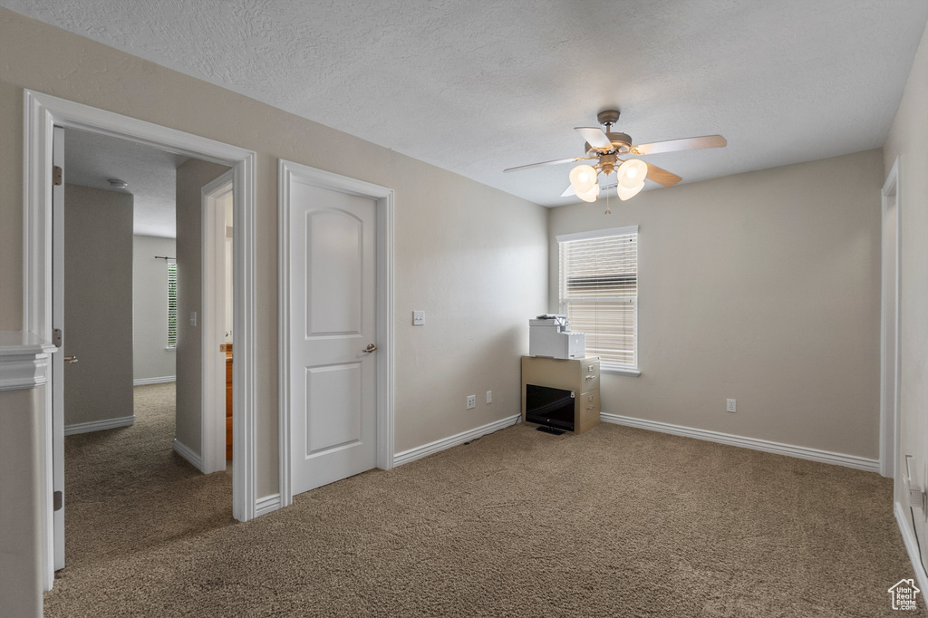 Unfurnished bedroom with multiple windows, carpet, baseboards, and a textured ceiling