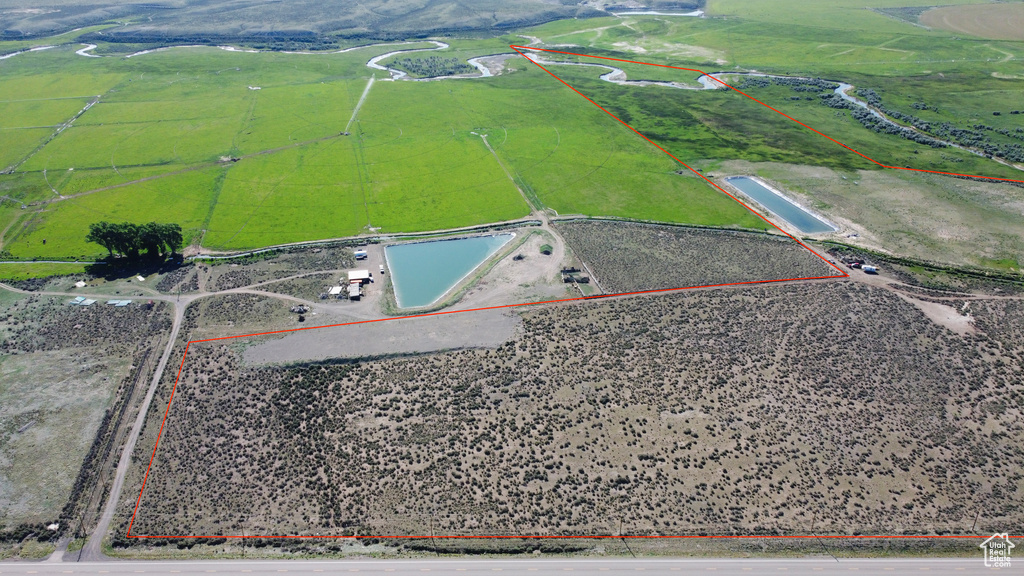 Overview of rural landscape featuring property boundaries highlighted