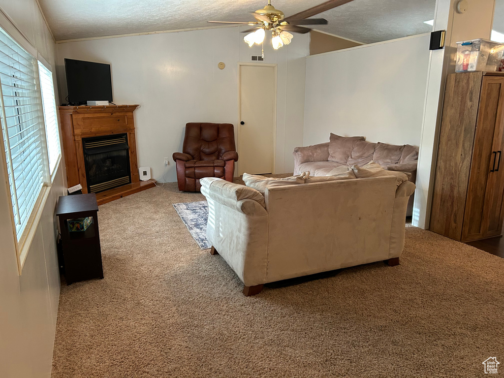 Carpeted living room with a ceiling fan, a textured ceiling, a fireplace with raised hearth, and crown molding