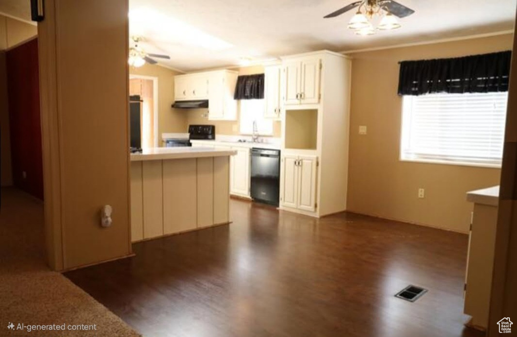 Kitchen featuring a ceiling fan, black dishwasher, dark wood-style flooring, a sink, and range