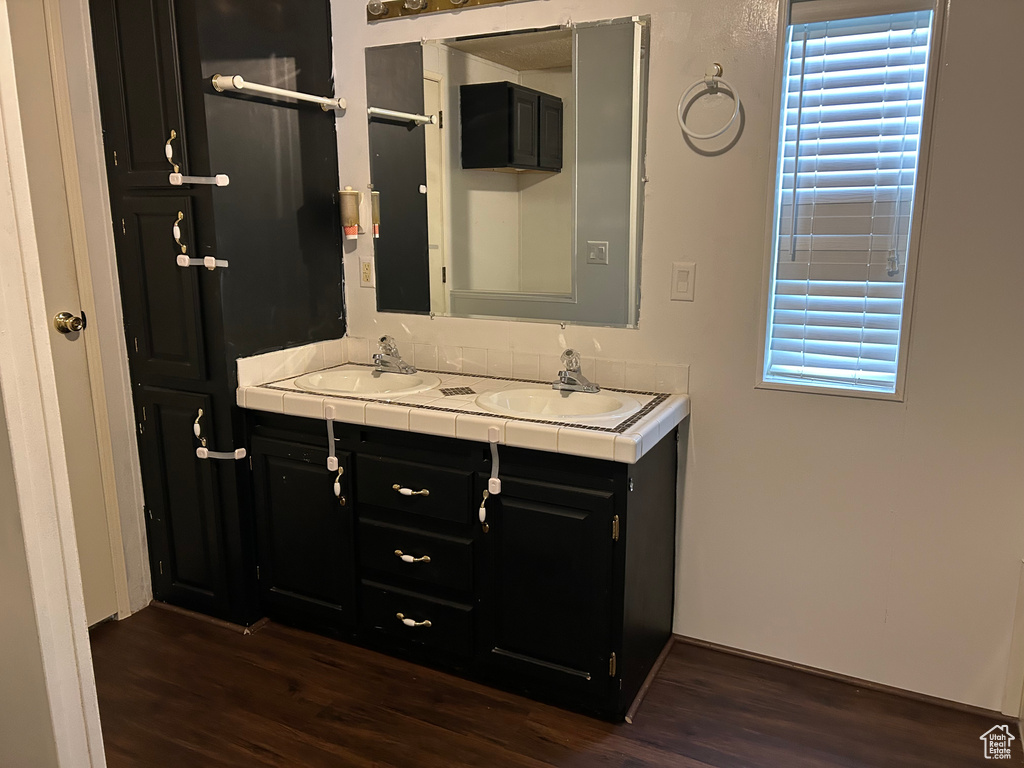 Bathroom with wood finished floors and double vanity