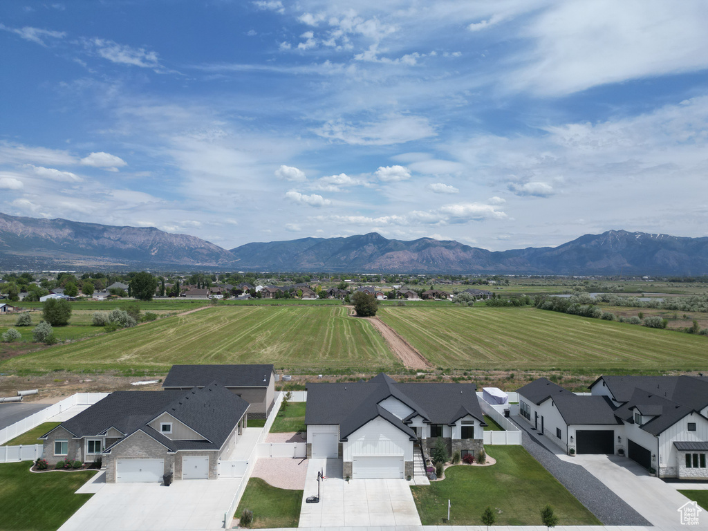 Aerial view of residential area with mountains