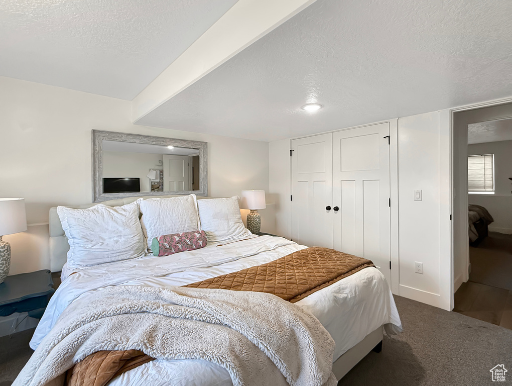 Carpeted bedroom with a textured ceiling, a closet, and baseboards