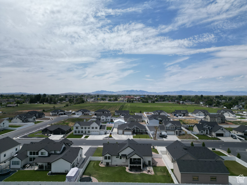 Aerial perspective of suburban area with mountains