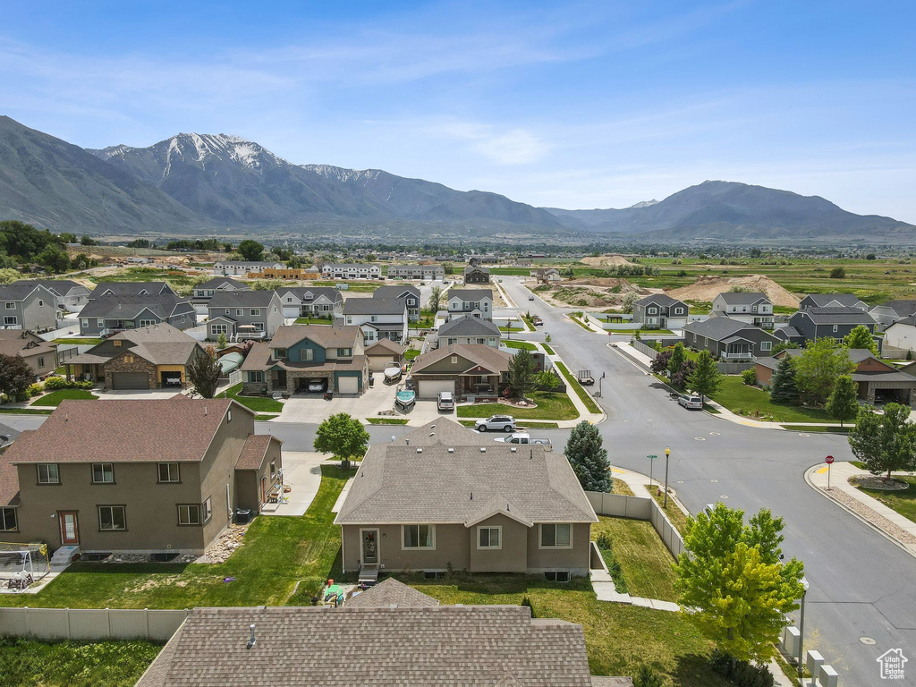 Aerial perspective of suburban area with mountains