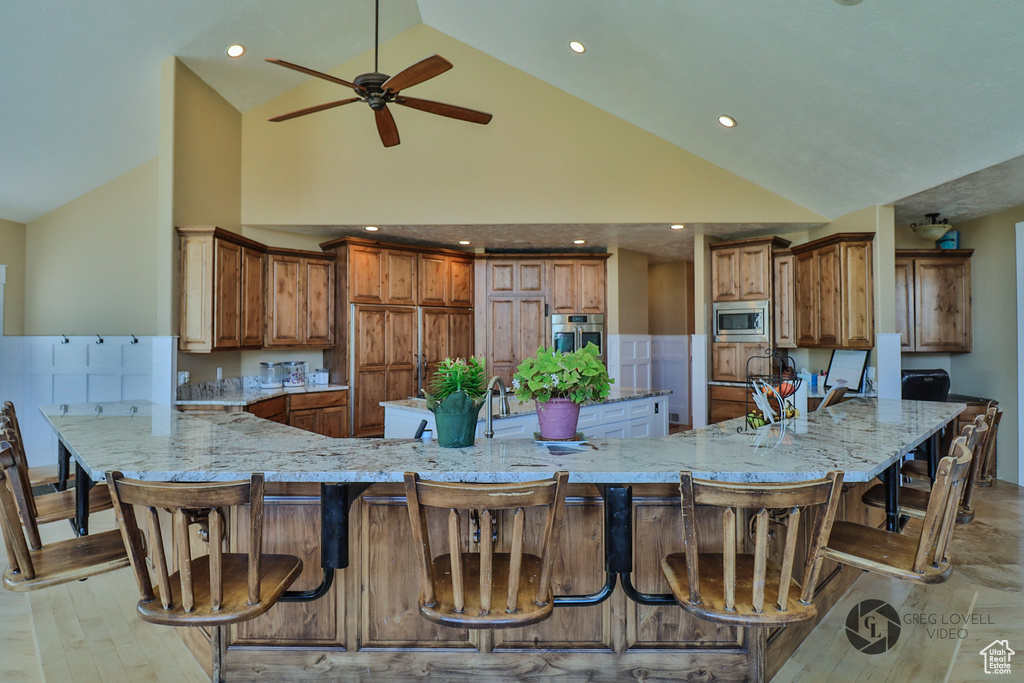 Kitchen with appliances with stainless steel finishes, light stone countertops, high vaulted ceiling, ceiling fan, and light wood finished floors