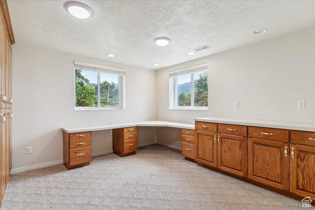 Unfurnished office with a textured ceiling, light carpet, baseboards, and recessed lighting