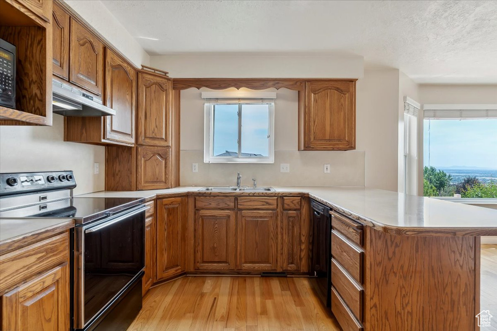 Kitchen featuring black appliances, under cabinet range hood, a peninsula, a sink, and light wood finished floors