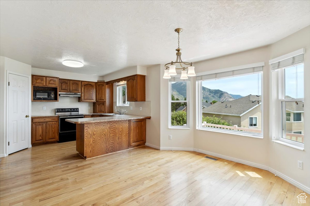 Kitchen featuring electric stove, black microwave, brown cabinets, light wood finished floors, and under cabinet range hood