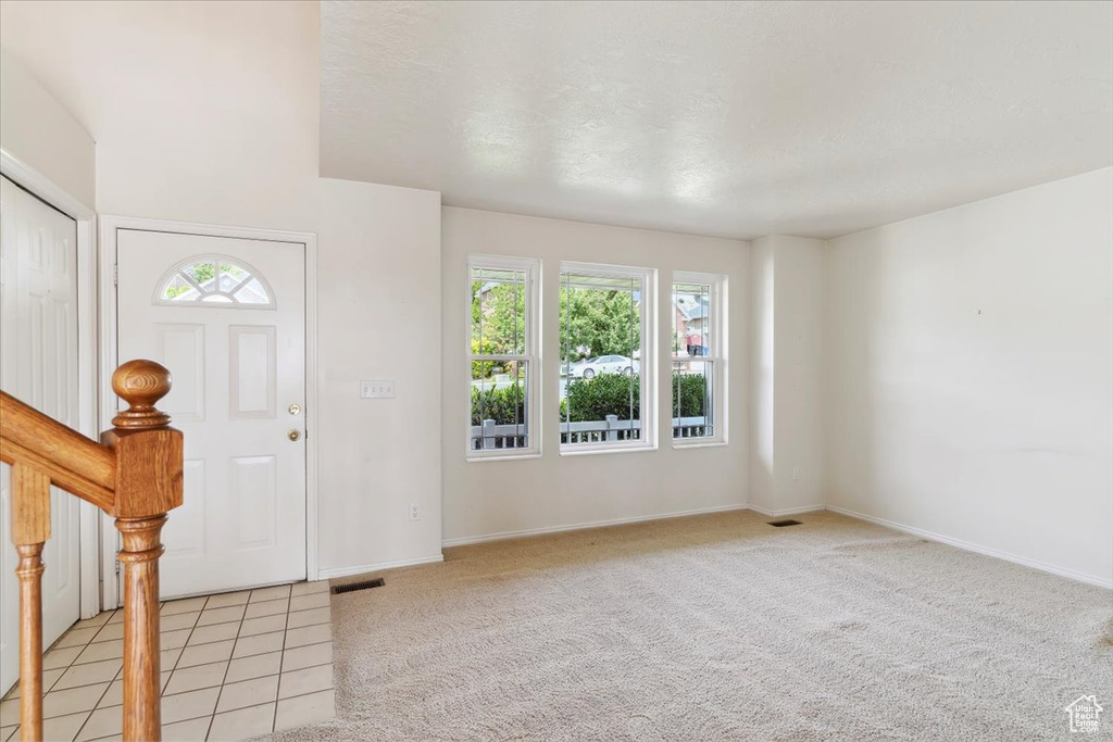 Entrance foyer featuring light carpet and baseboards