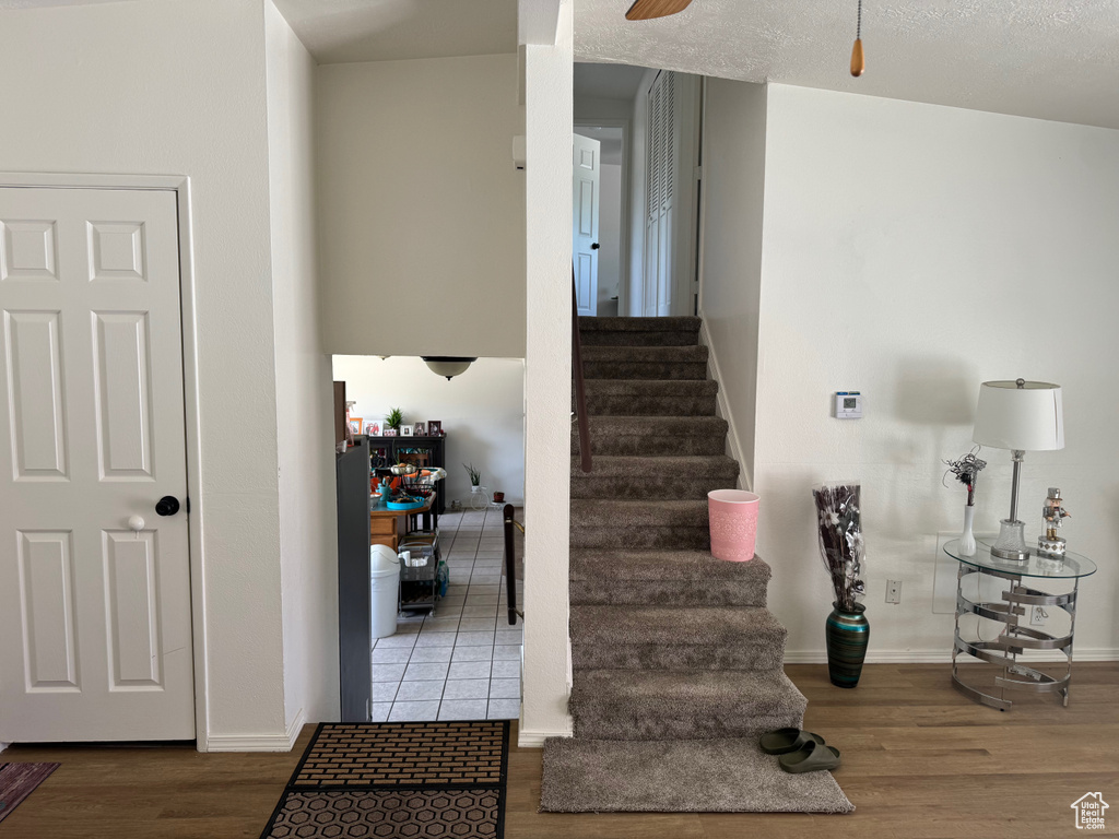 Stairs with wood finished floors, ceiling fan, and baseboards