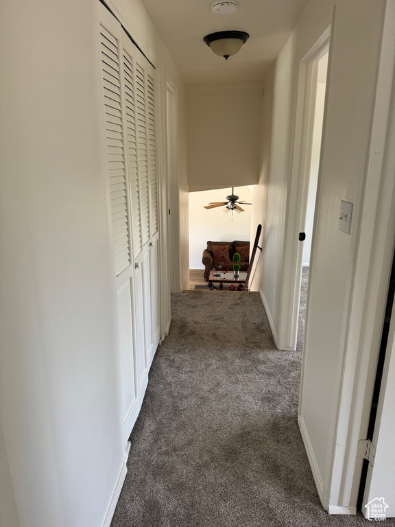 Corridor with dark carpet and baseboards