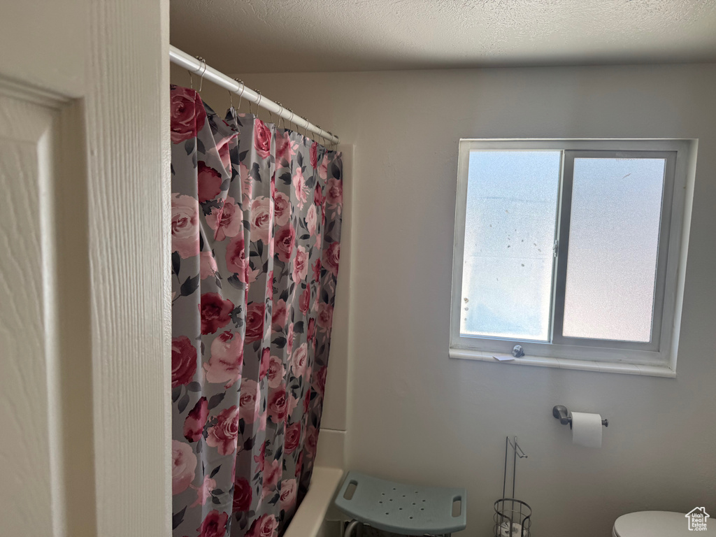 Bathroom featuring plenty of natural light, curtained shower, and toilet