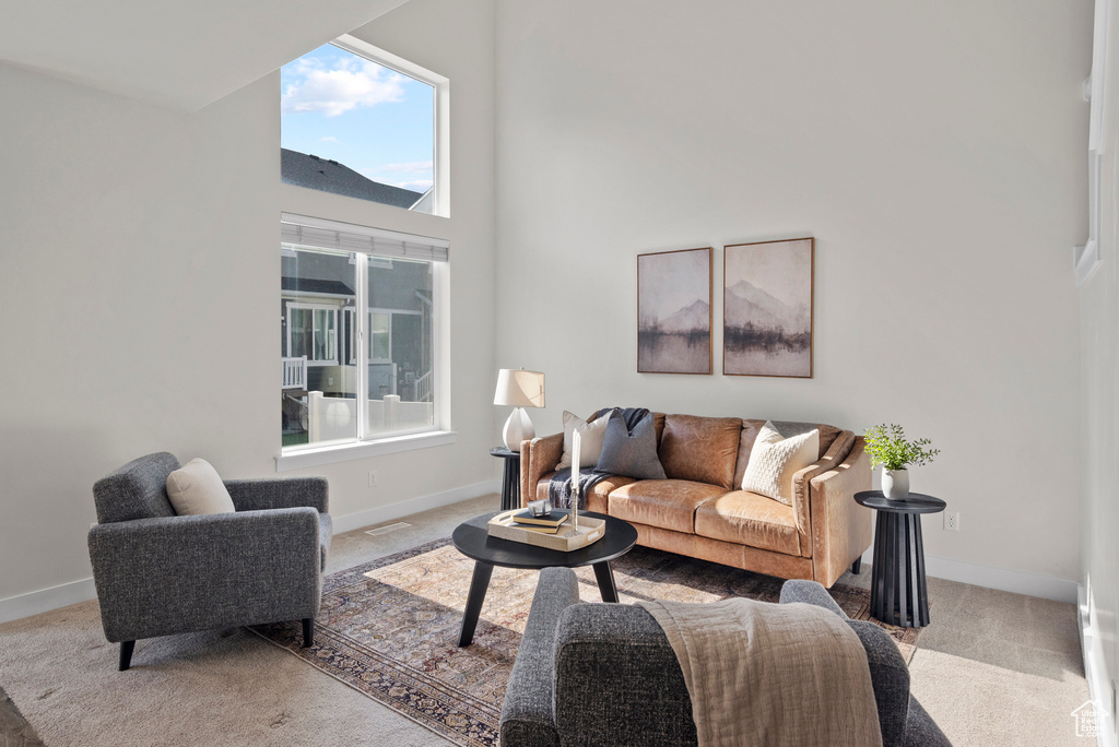 Carpeted living room with baseboards and a high ceiling