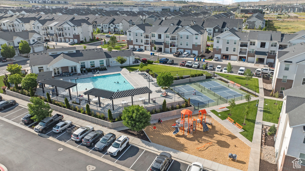 Bird\'s eye view of a pool area