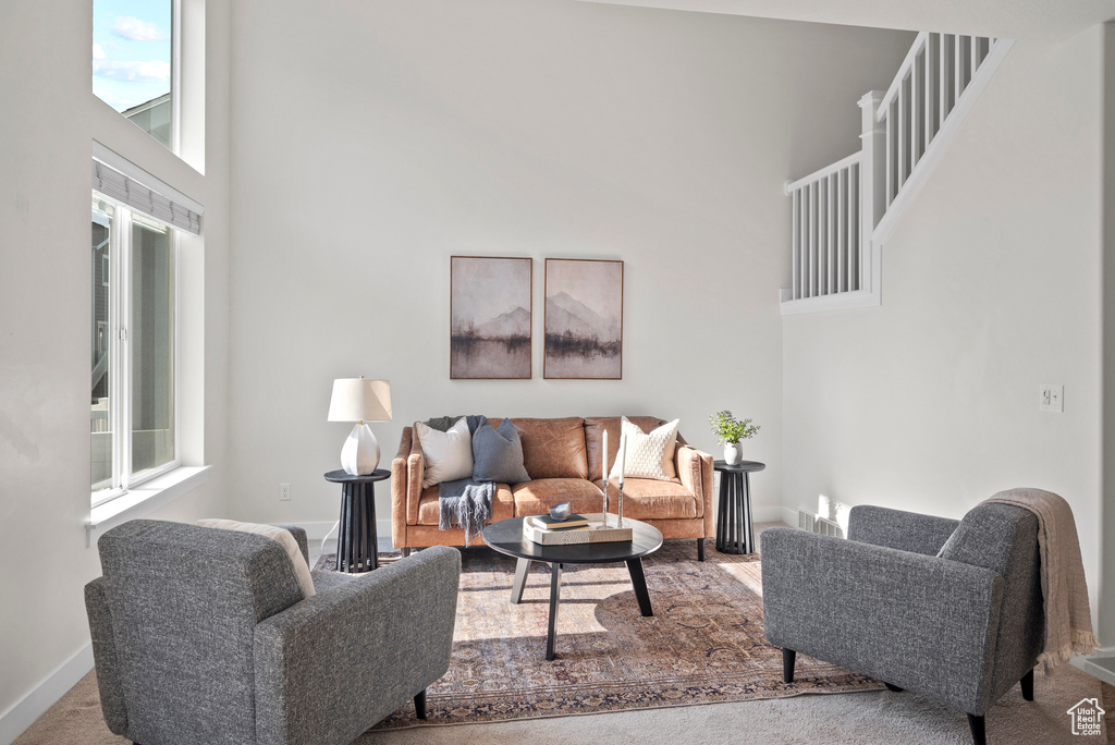 Living area with plenty of natural light, a high ceiling, carpet flooring, and baseboards