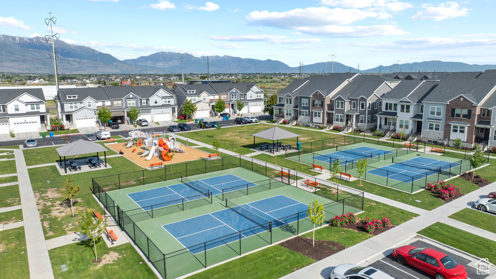 Aerial perspective of suburban area with mountains