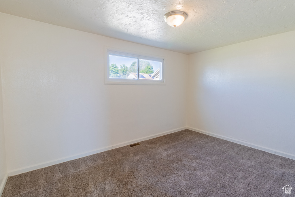 Spare room featuring carpet, baseboards, and a textured ceiling