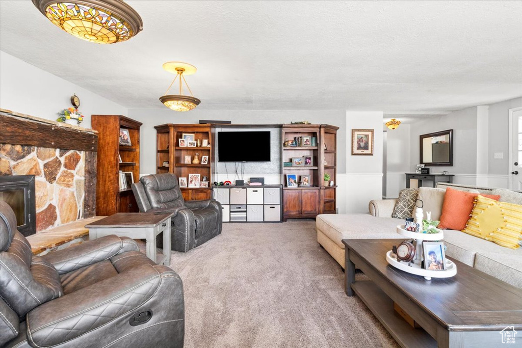 Living area with light carpet