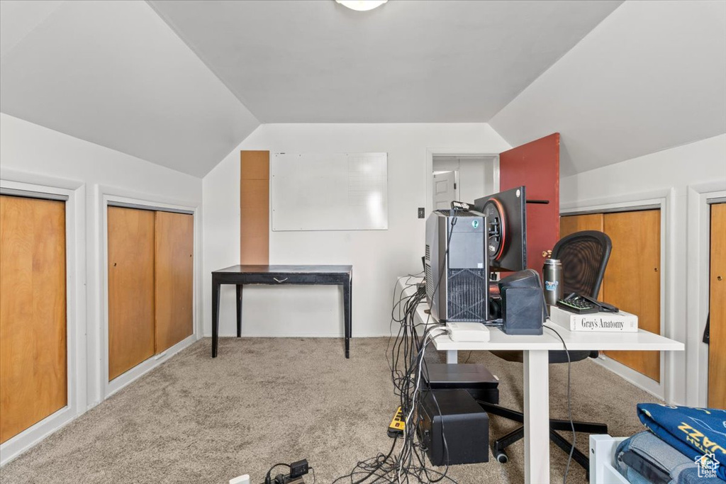 Exercise room with carpet and lofted ceiling