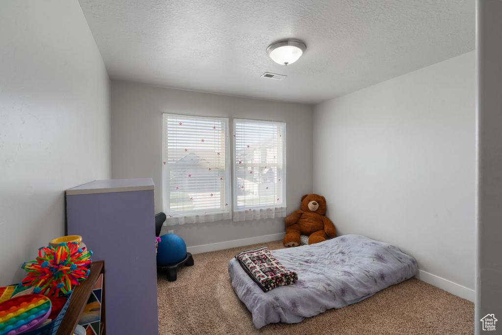 Carpeted bedroom with baseboards and a textured ceiling