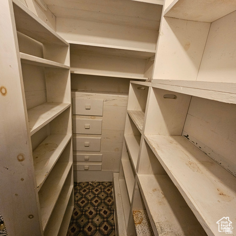 Walk in closet with dark floors