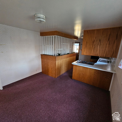 Kitchen with brown cabinets, carpet flooring, a sink, cooktop, and a peninsula