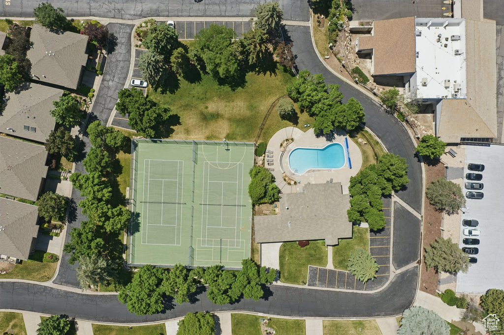 Drone / aerial view of a pool