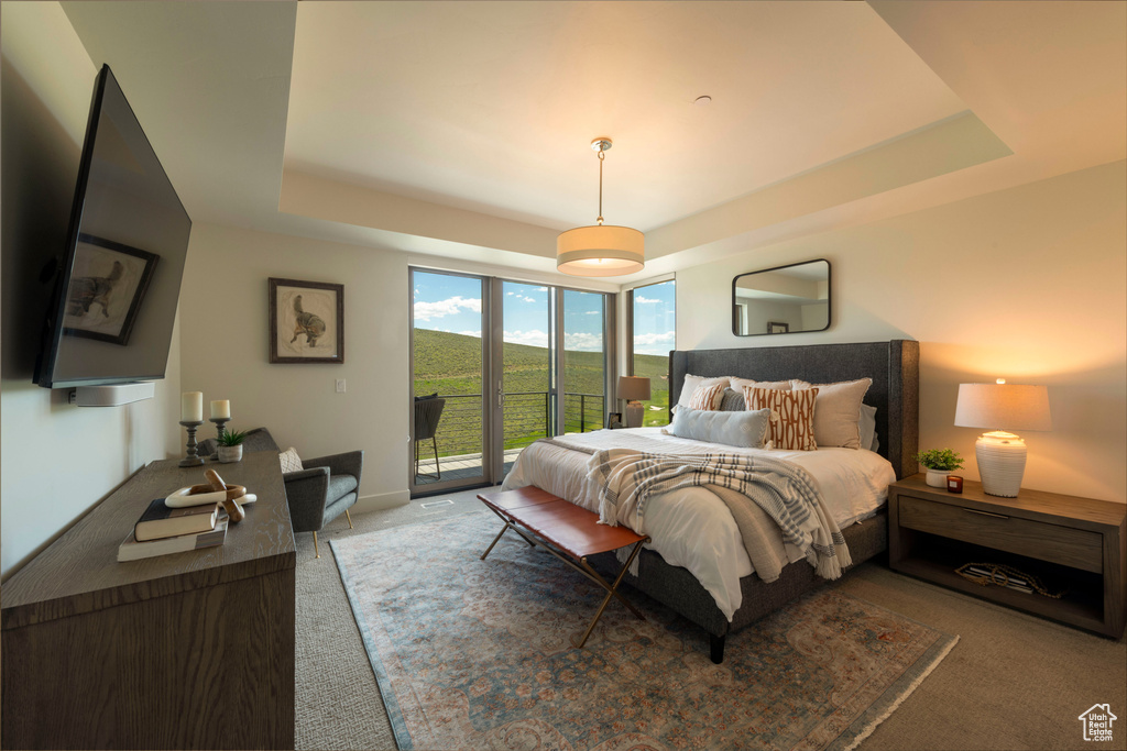 Bedroom featuring carpet, access to exterior, a raised ceiling, and baseboards