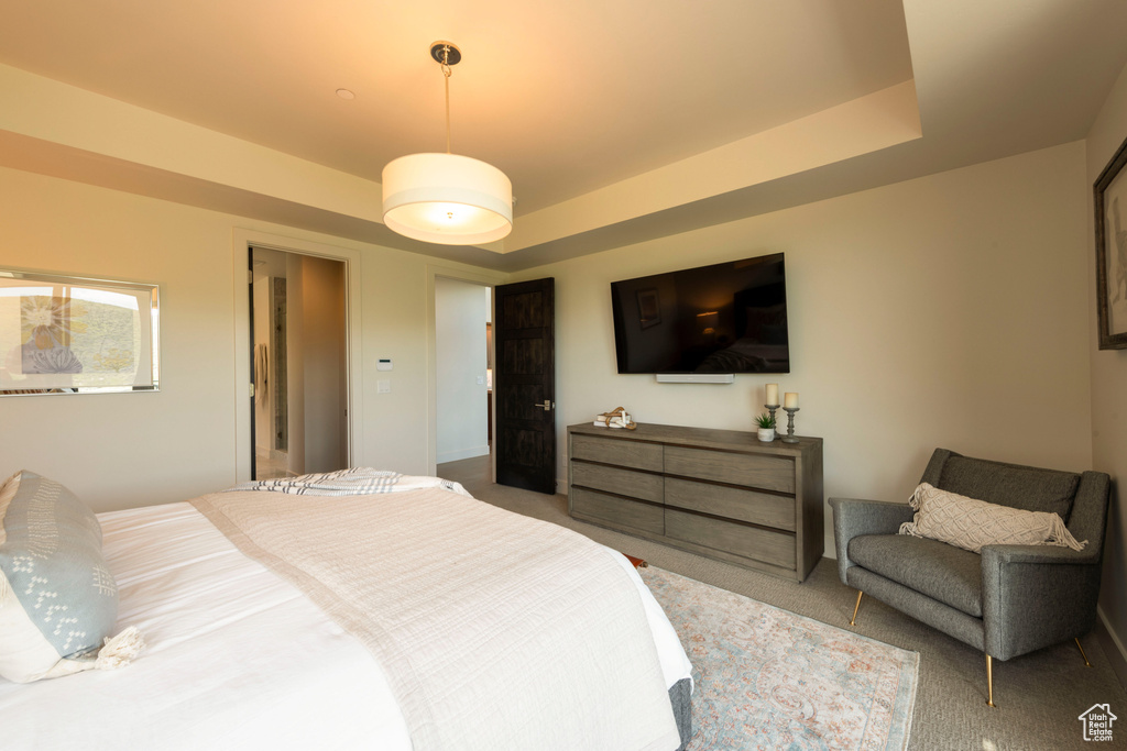 Carpeted bedroom featuring a raised ceiling