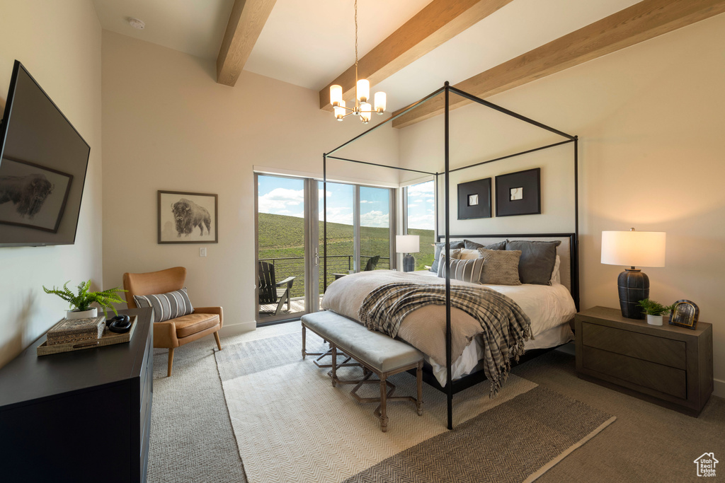 Bedroom with beamed ceiling, a chandelier, access to outside, carpet floors, and baseboards