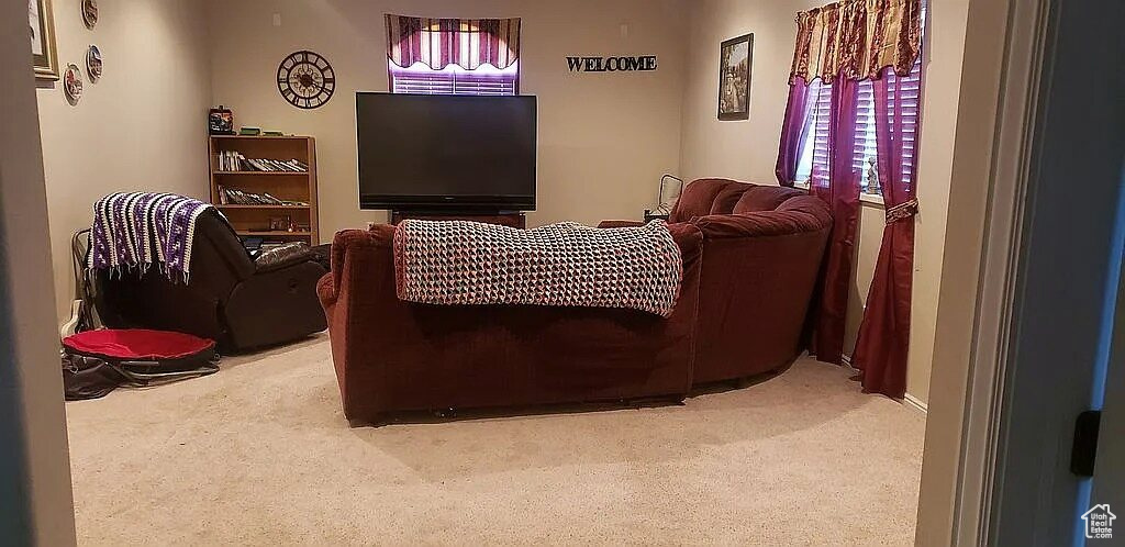 Living area with carpet and plenty of natural light