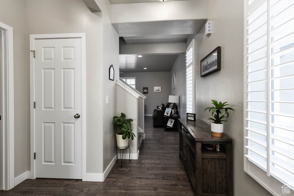 Hallway featuring dark wood finished floors, baseboards, and stairway