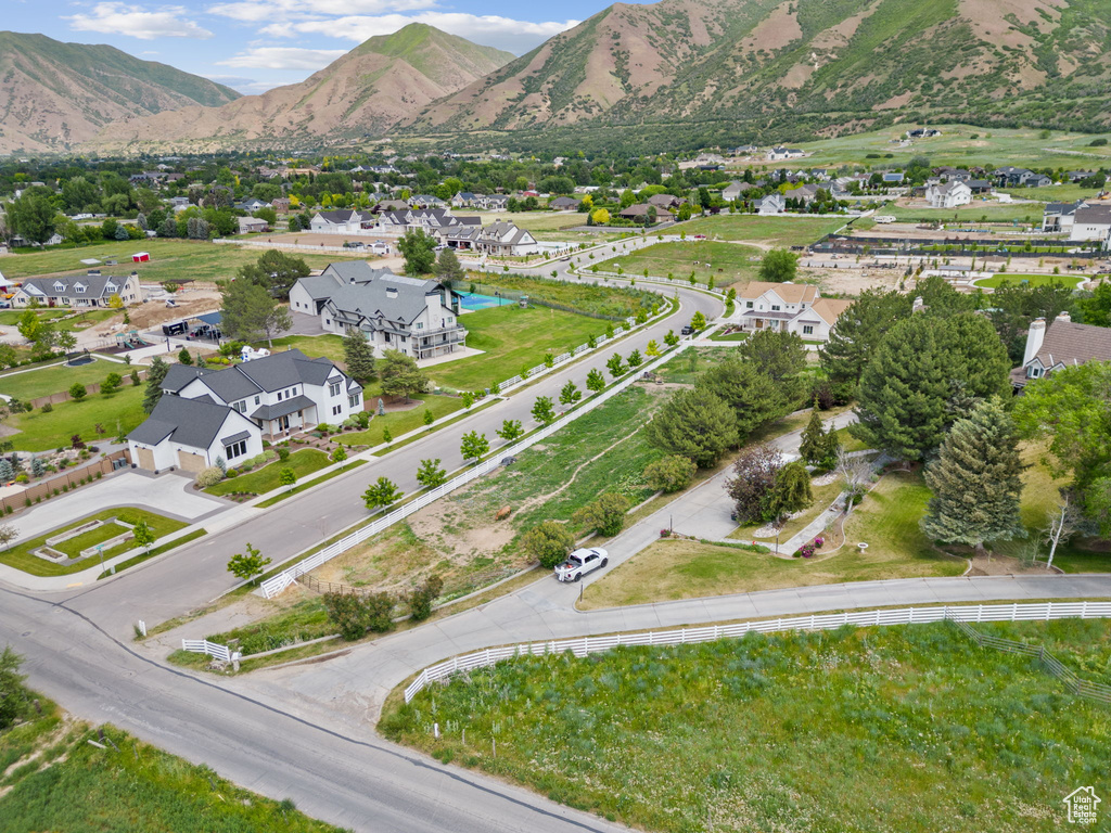 Aerial view of residential area with mountains