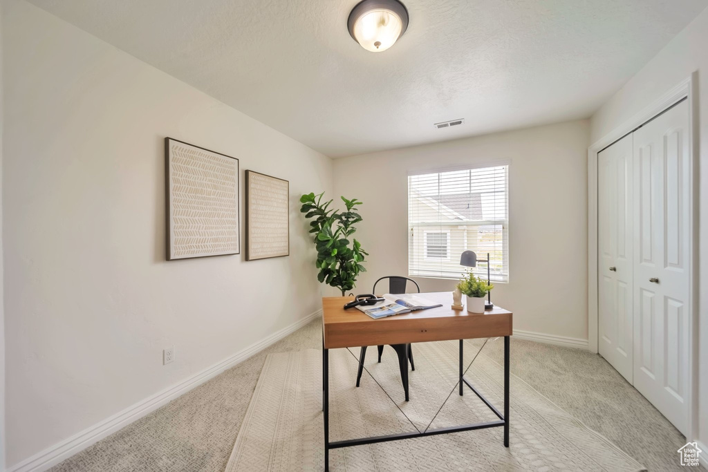 Office area featuring light carpet and baseboards