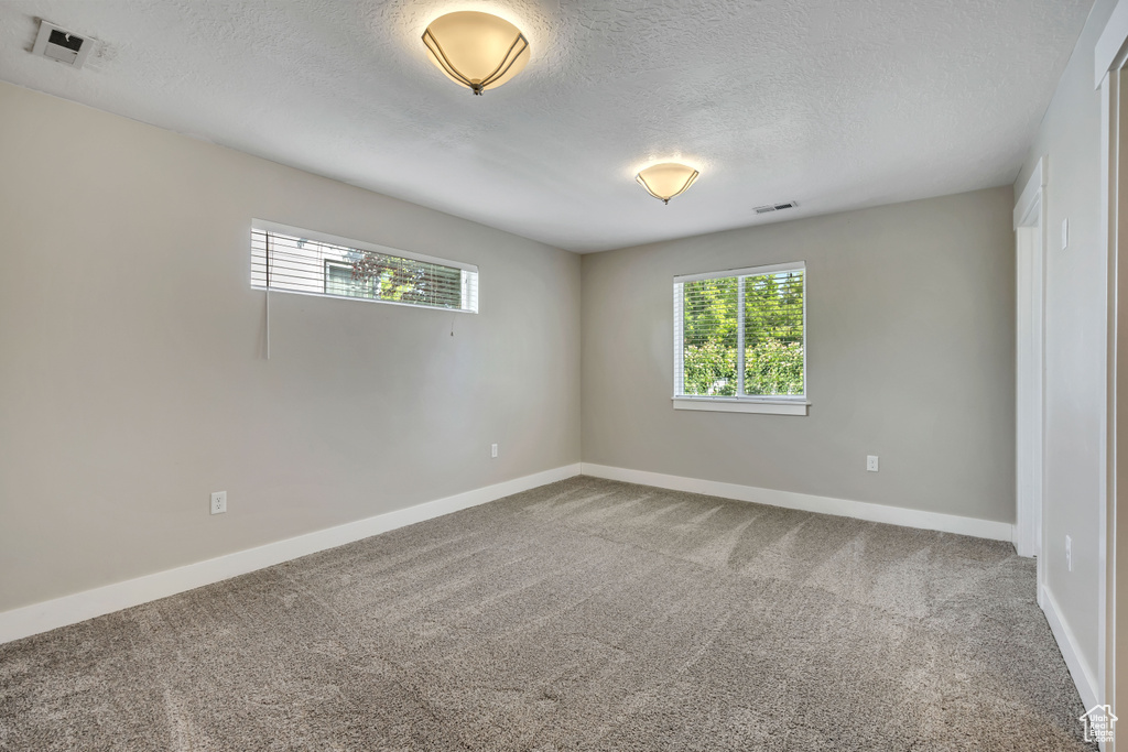 Spare room featuring carpet, baseboards, and a textured ceiling