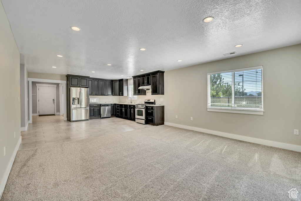 Unfurnished living room featuring baseboards, recessed lighting, light carpet, a sink, and a textured ceiling
