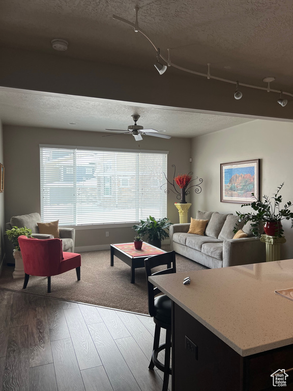 Living room featuring a textured ceiling, wood finished floors, and ceiling fan