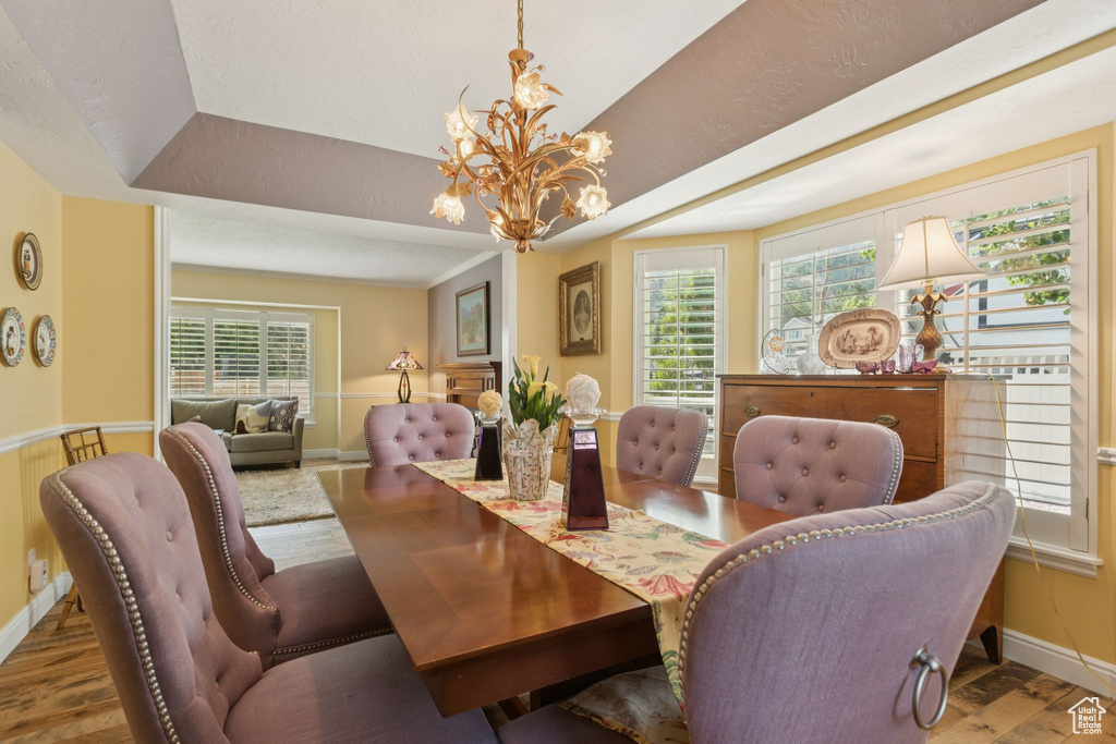 Dining room with wood finished floors, a chandelier, and baseboards