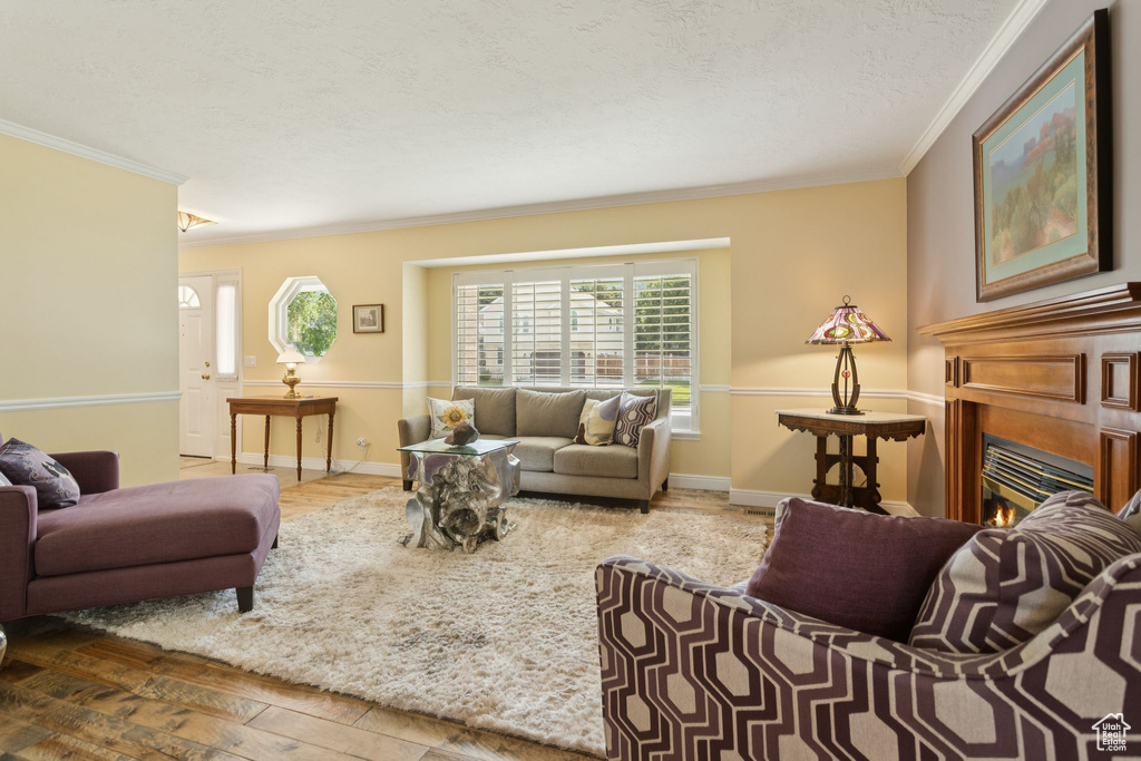 Living area with crown molding, wood finished floors, a lit fireplace, baseboards, and a textured ceiling