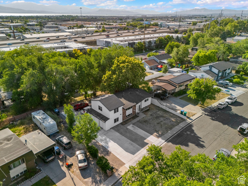 Aerial view of residential area with a mountain backdrop