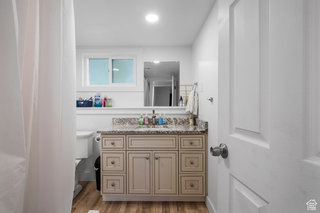 Bathroom featuring wood finished floors, toilet, and vanity