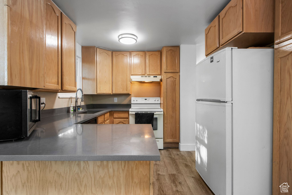 Kitchen featuring white appliances, a sink, under cabinet range hood, a peninsula, and light wood finished floors