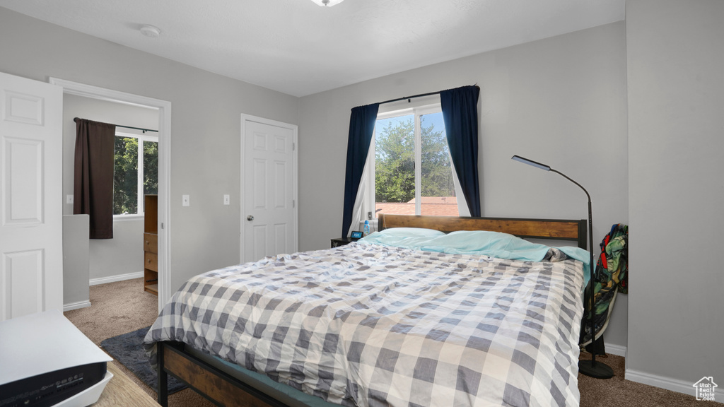 Bedroom featuring carpet and baseboards