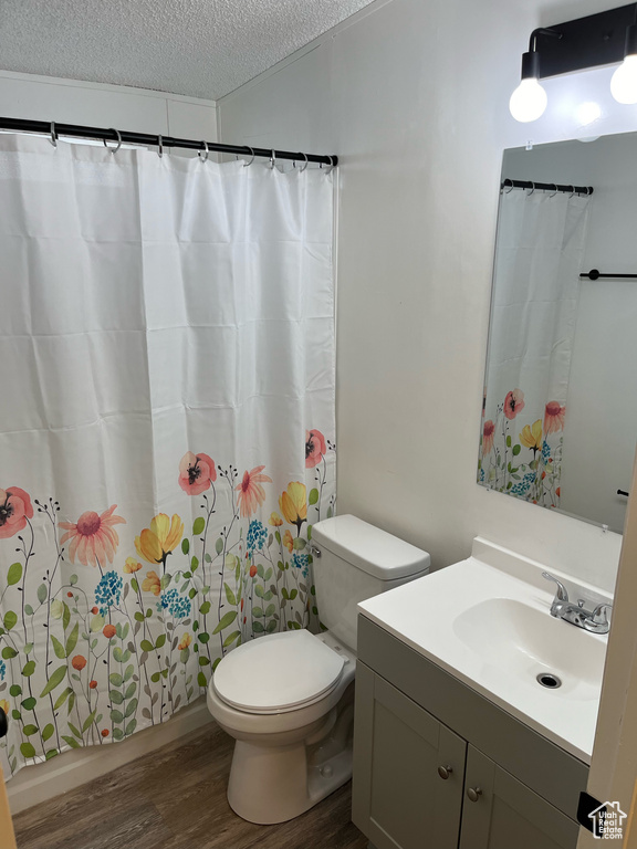 Bathroom with wood finished floors, vanity, toilet, a textured ceiling, and a shower with curtain