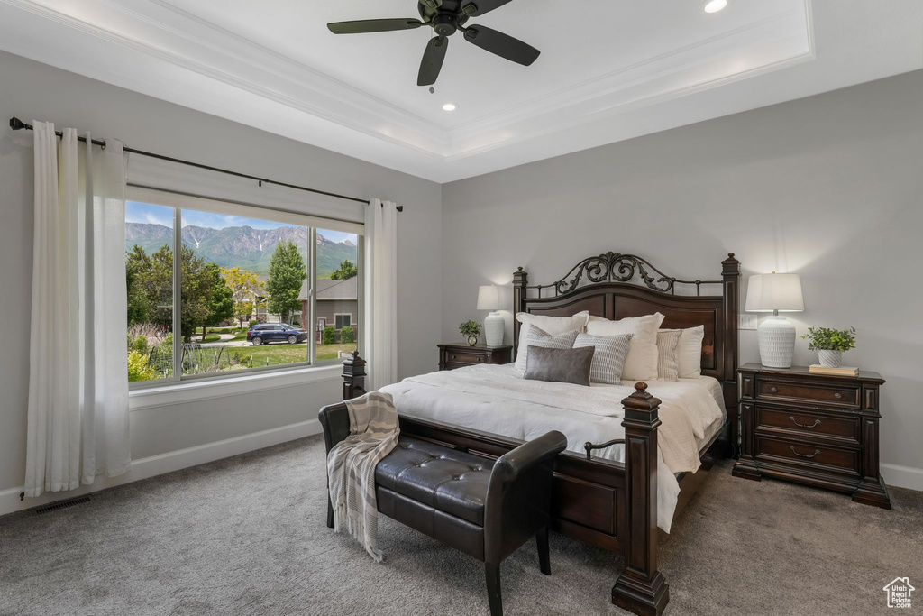 Bedroom featuring a raised ceiling, carpet floors, a mountain view, recessed lighting, and baseboards