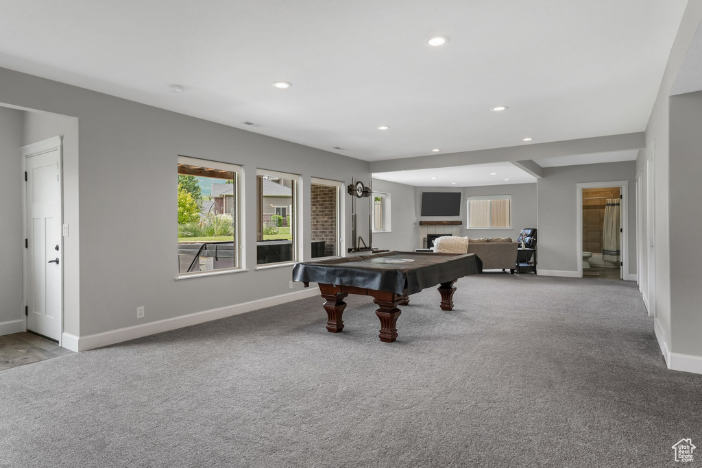 Rec room featuring billiards, carpet flooring, recessed lighting, and baseboards