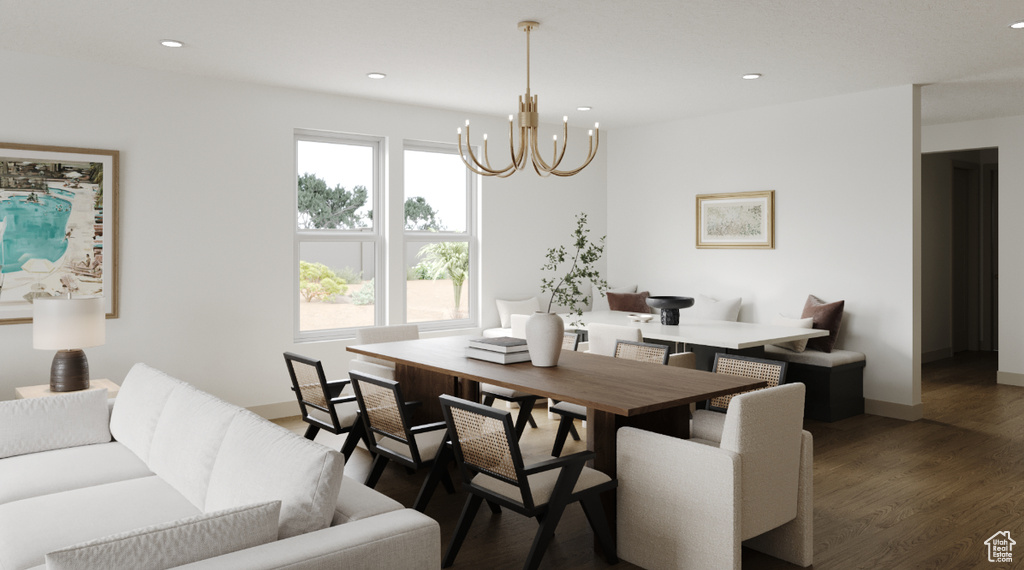Dining area with a chandelier, plenty of natural light, recessed lighting, wood finished floors, and baseboards