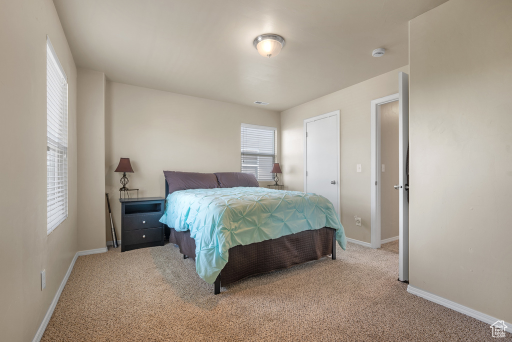Bedroom with carpet floors and baseboards